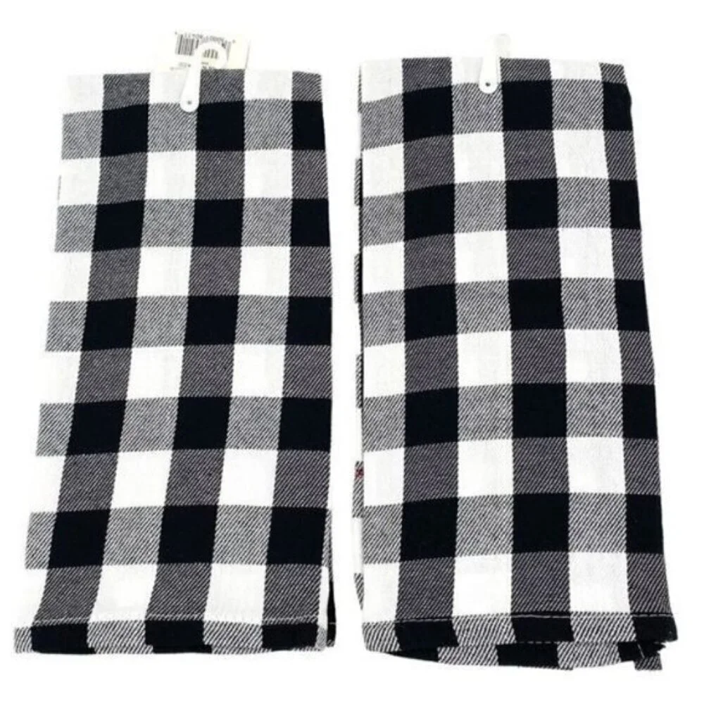 Black and White Buffalo Check Embroidered Holiday Kitchen Towel Set